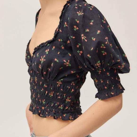 Urban Outfitters Black Floral Rose Print Puff Sleeve Smocked Blouse Top - Picture 7 of 11